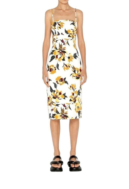 CUE Floral Midi Dress | Pencil, Yellow/black/White/Gold Floral, Side Cutouts