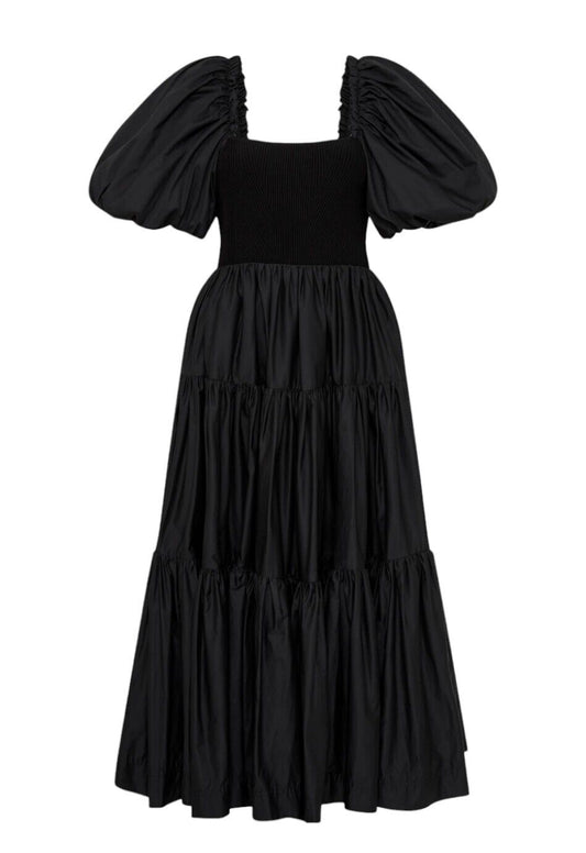 Aje Casa Puff Sleeve Midi Dress | Black, Stretch Bodice, Puff Sleeves, Fit&Flare