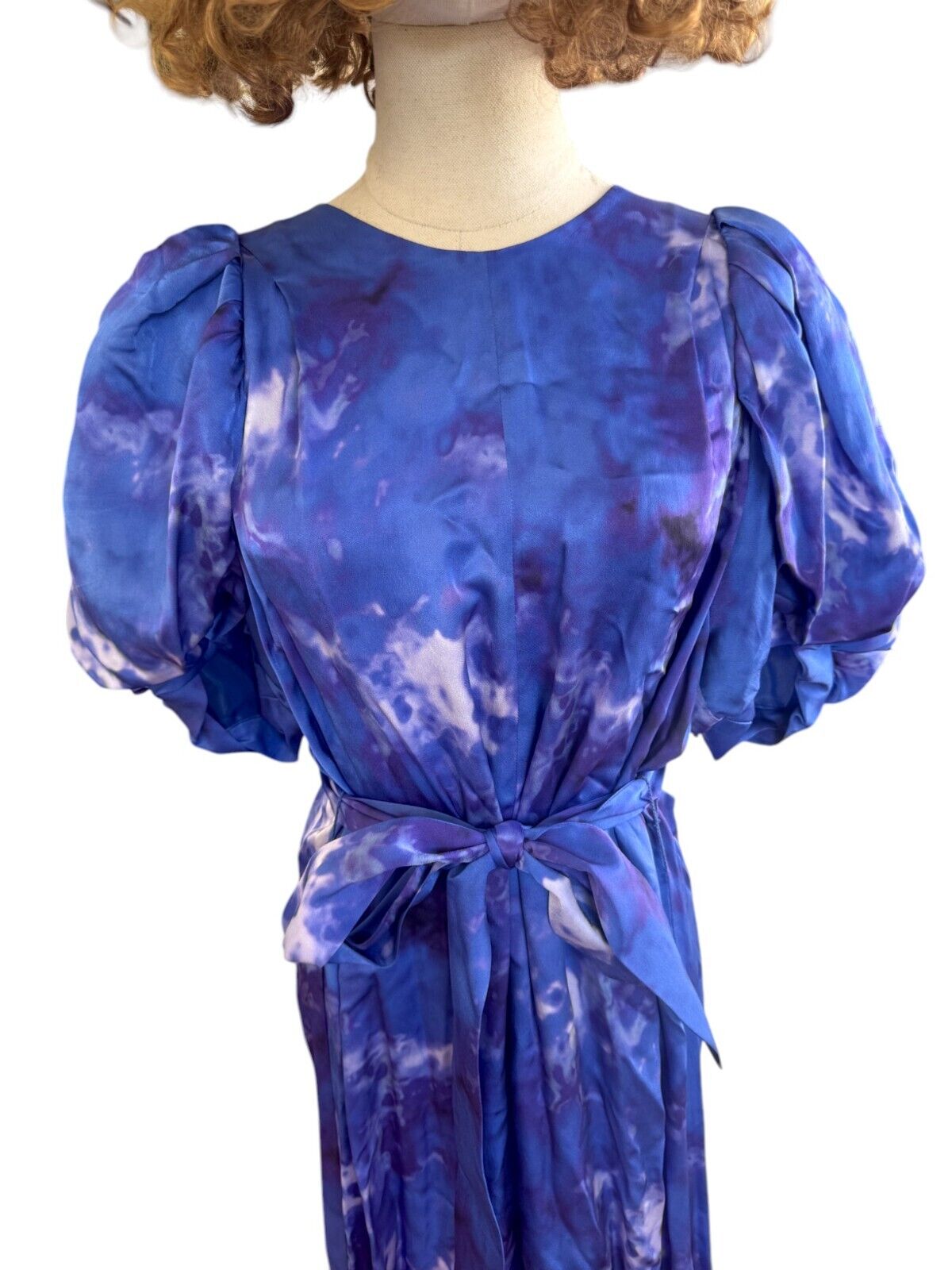 Veronika Maine Clouded Satin Midi Dress | Sz 10, Blue, Puff Sleeves, Match Belt