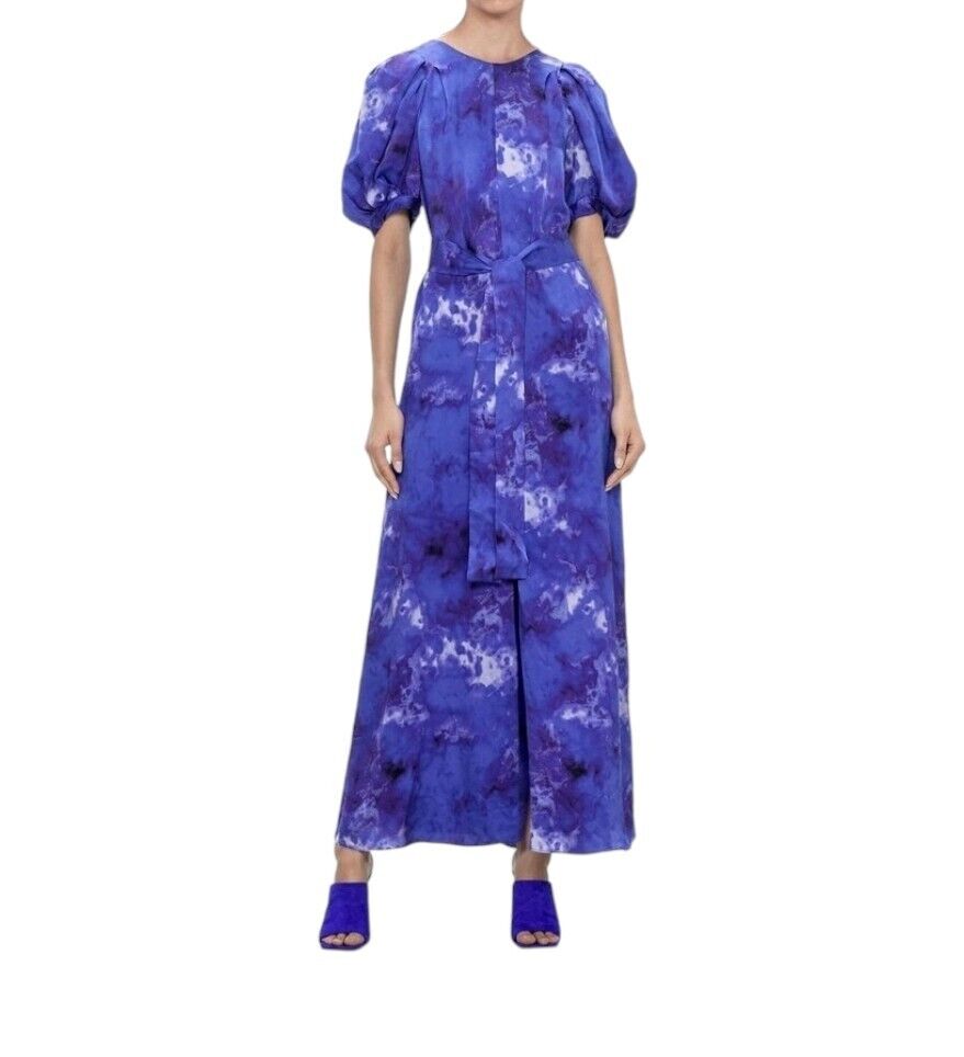 Veronika Maine Clouded Satin Midi Dress | Sz 10, Blue, Puff Sleeves, Match Belt