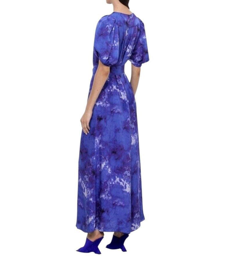 Veronika Maine Clouded Satin Midi Dress | Sz 10, Blue, Puff Sleeves, Match Belt