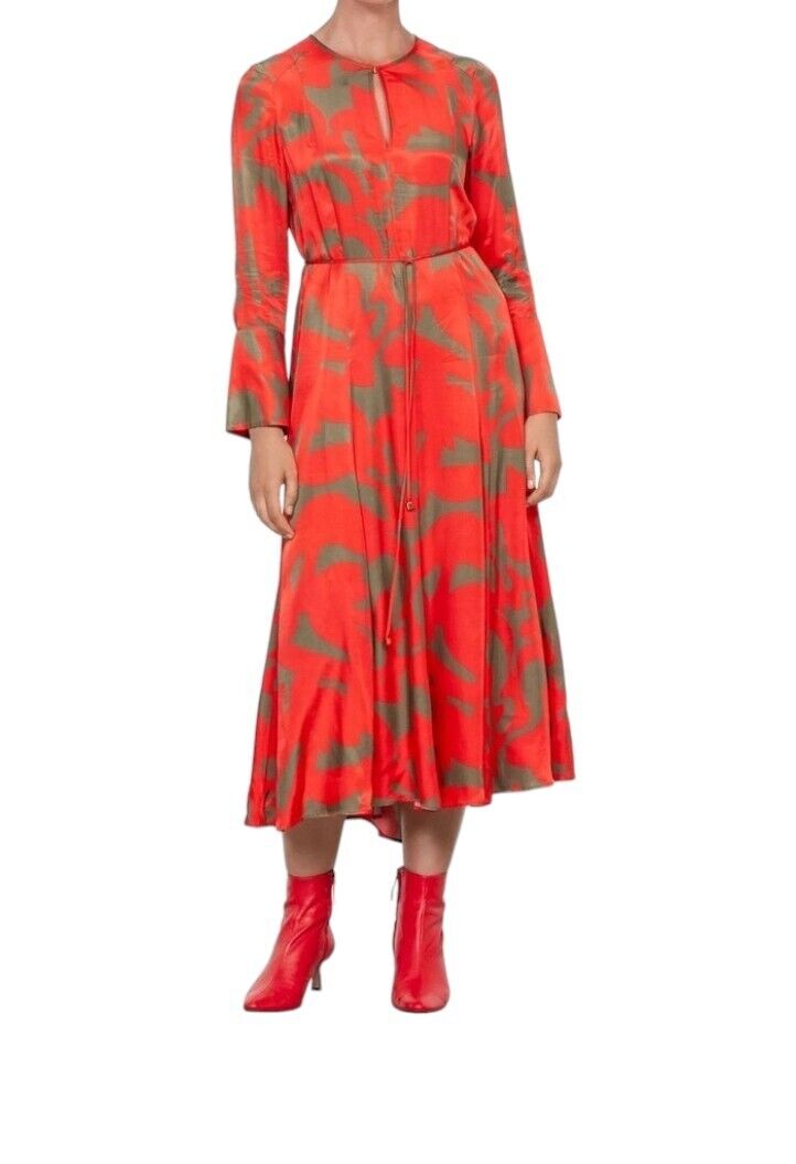 Veronika Maine Flame Abstract Midi Dress | Belted, Flare Long Sleeve, Red/Khaki