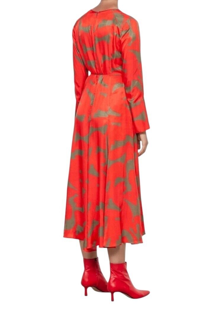 Veronika Maine Flame Abstract Midi Dress | Belted, Flare Long Sleeve, Red/Khaki