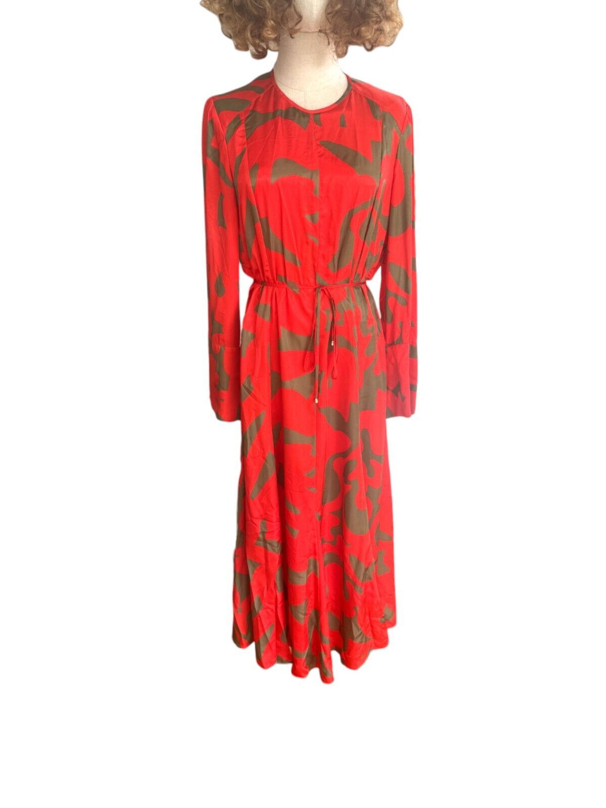 Veronika Maine Flame Abstract Midi Dress | Belted, Flare Long Sleeve, Red/Khaki