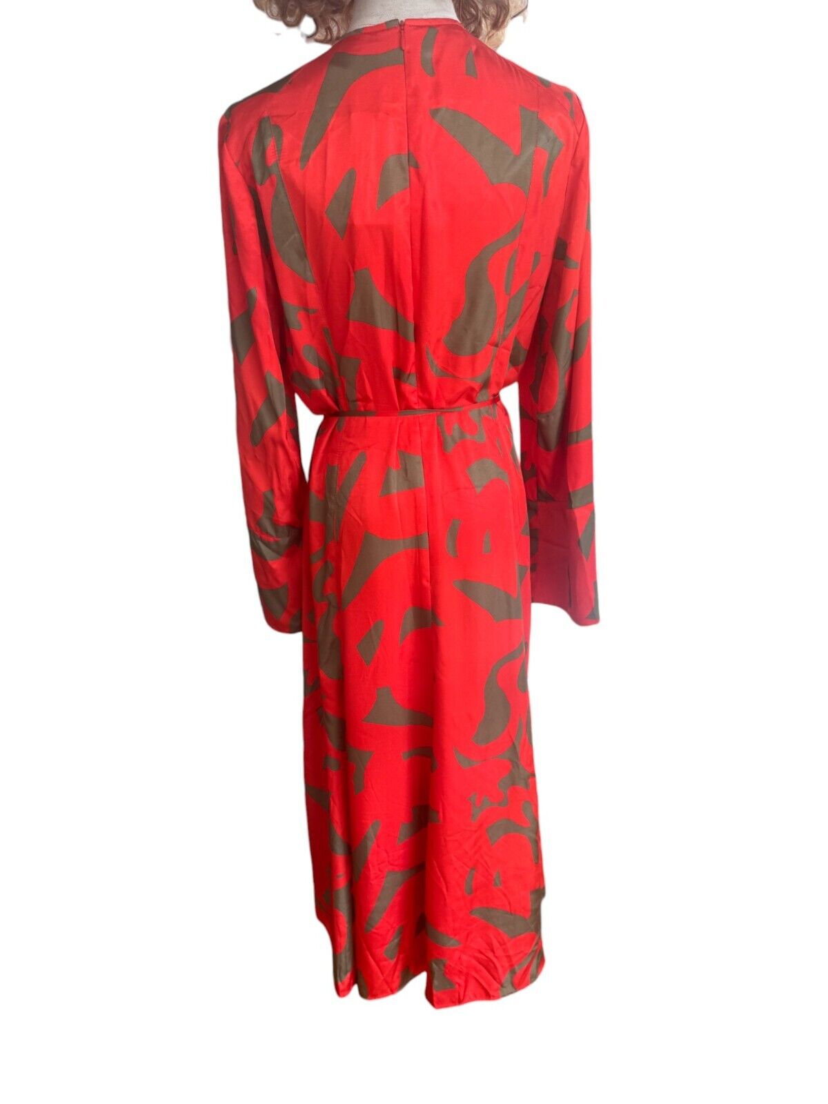 Veronika Maine Flame Abstract Midi Dress | Belted, Flare Long Sleeve, Red/Khaki