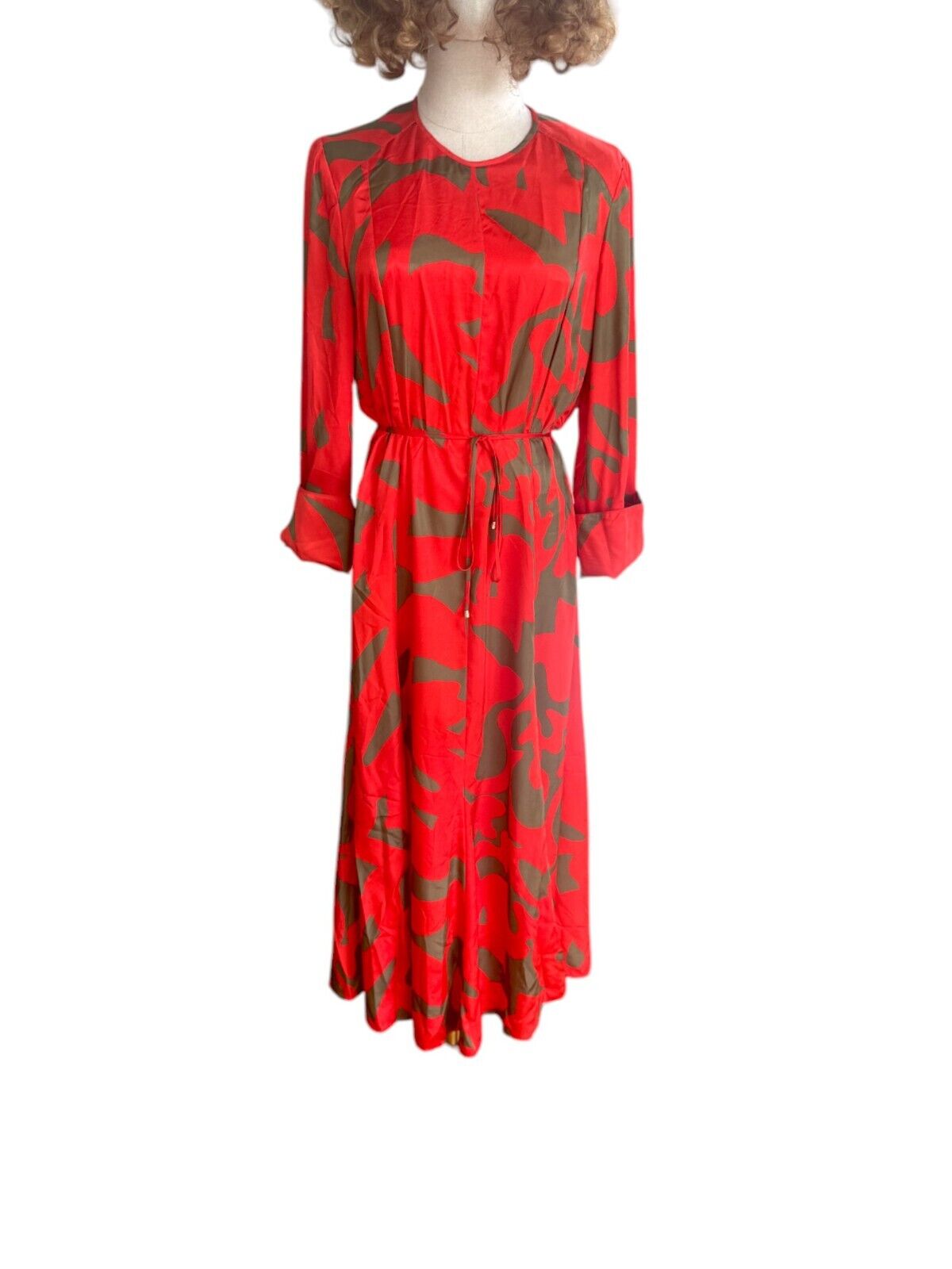 Veronika Maine Flame Abstract Midi Dress | Belted, Flare Long Sleeve, Red/Khaki