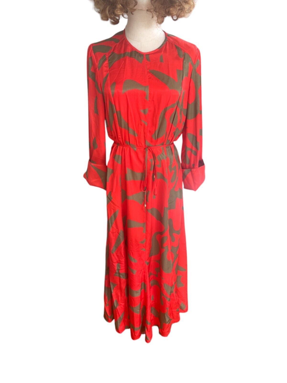 Veronika Maine Flame Abstract Midi Dress | Belted, Flare Long Sleeve, Red/Khaki