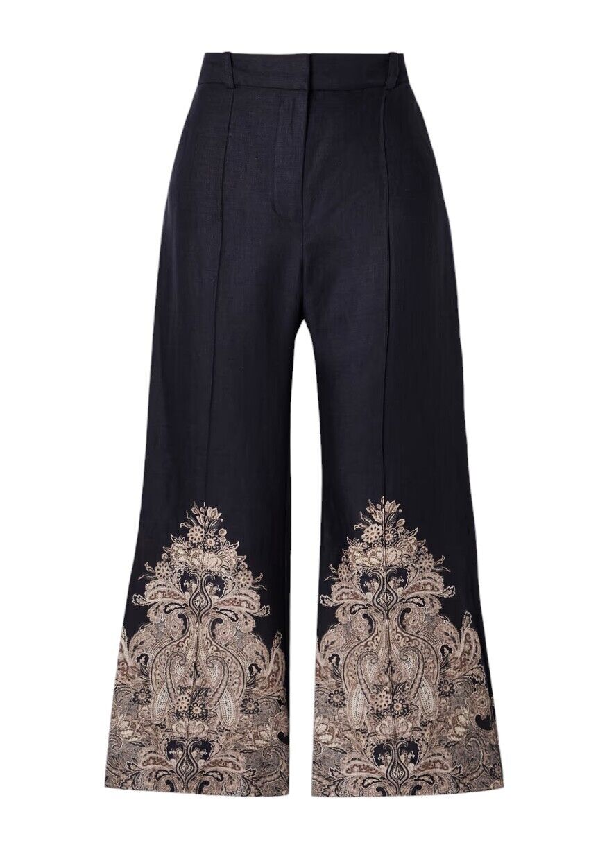 Zimmermann Natura Flare Pant | Navy Blue/ Paisley, 70's, High Waist, Crop, Linen