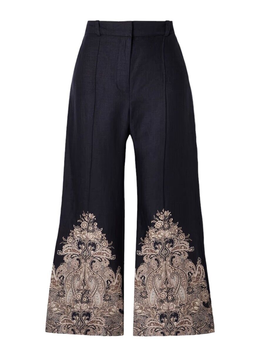 Zimmermann Natura Flare Pant | Navy Blue/ Paisley, 70's, High Waist, Crop, Linen