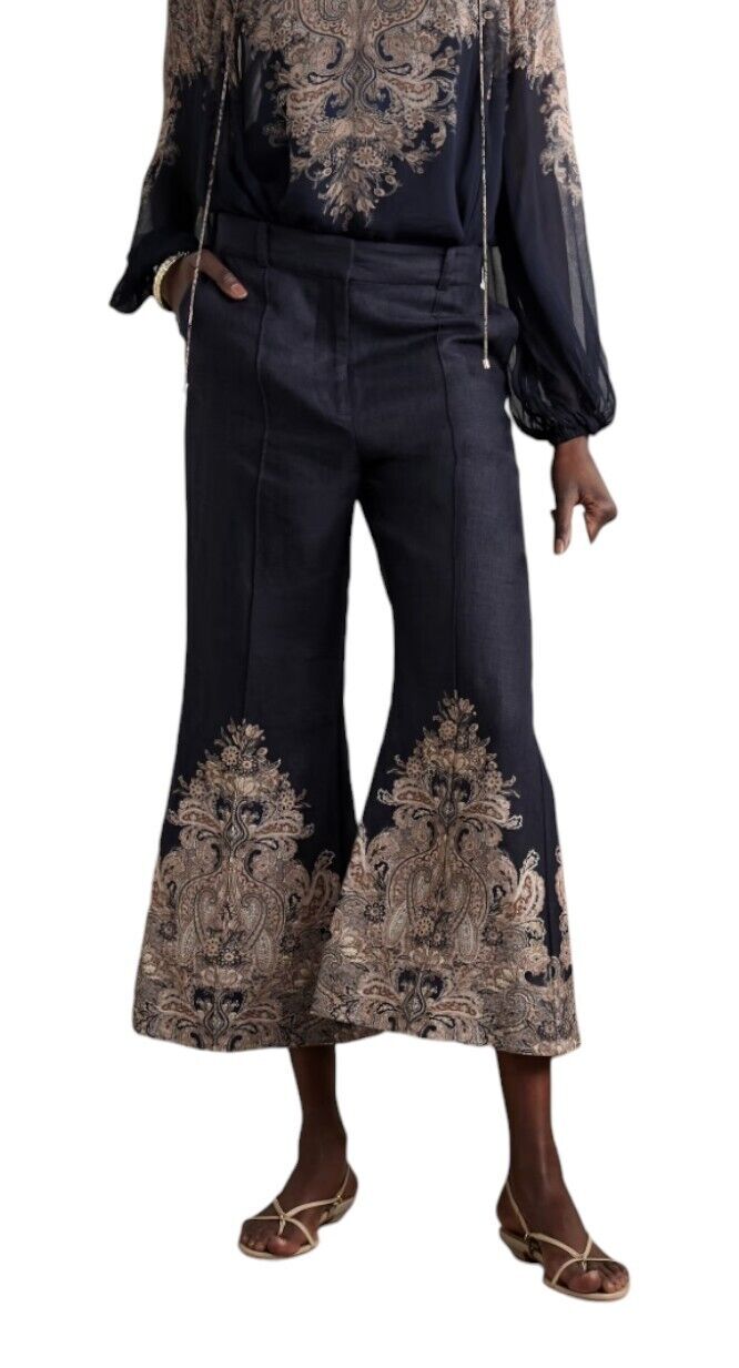 Zimmermann Natura Flare Pant | Navy Blue/ Paisley, 70's, High Waist, Crop, Linen