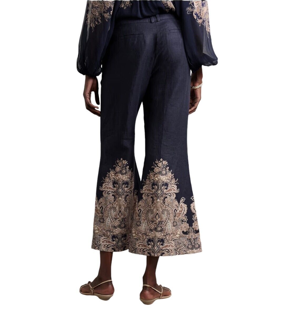 Zimmermann Natura Flare Pant | Navy Blue/ Paisley, 70's, High Waist, Crop, Linen