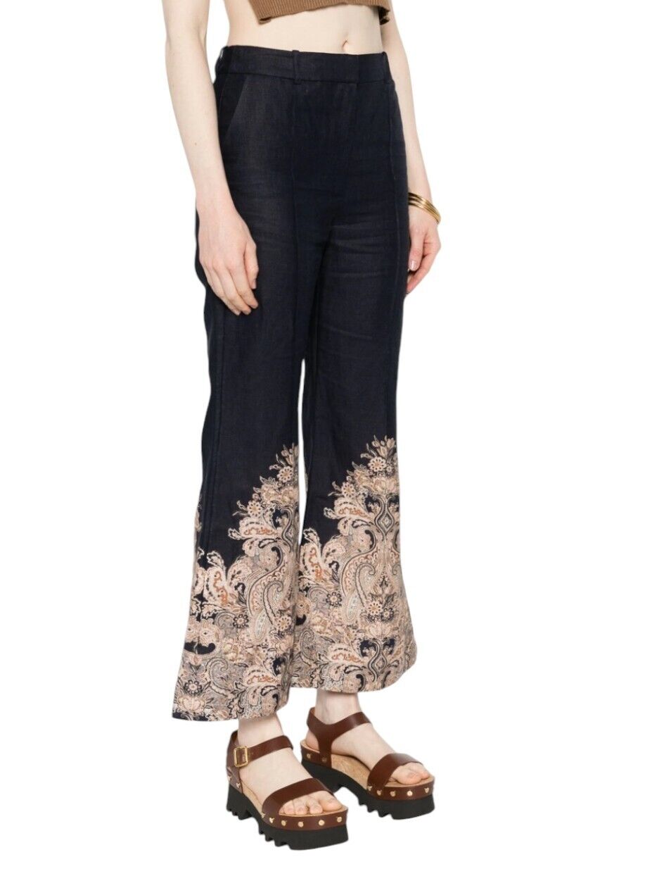 Zimmermann Natura Flare Pant | Navy Blue/ Paisley, 70's, High Waist, Crop, Linen