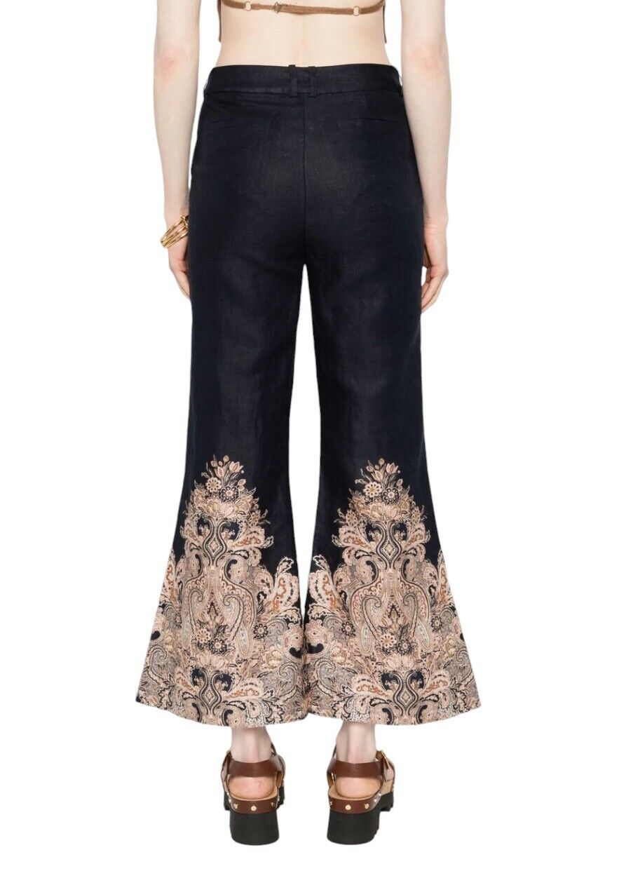 Zimmermann Natura Flare Pant | Navy Blue/ Paisley, 70's, High Waist, Crop, Linen