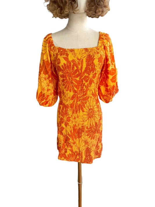 FAITHFUL THE BRAND Luana Mini Dress | Orange/Yellow Floral, Sz 16, Puff Sleeves
