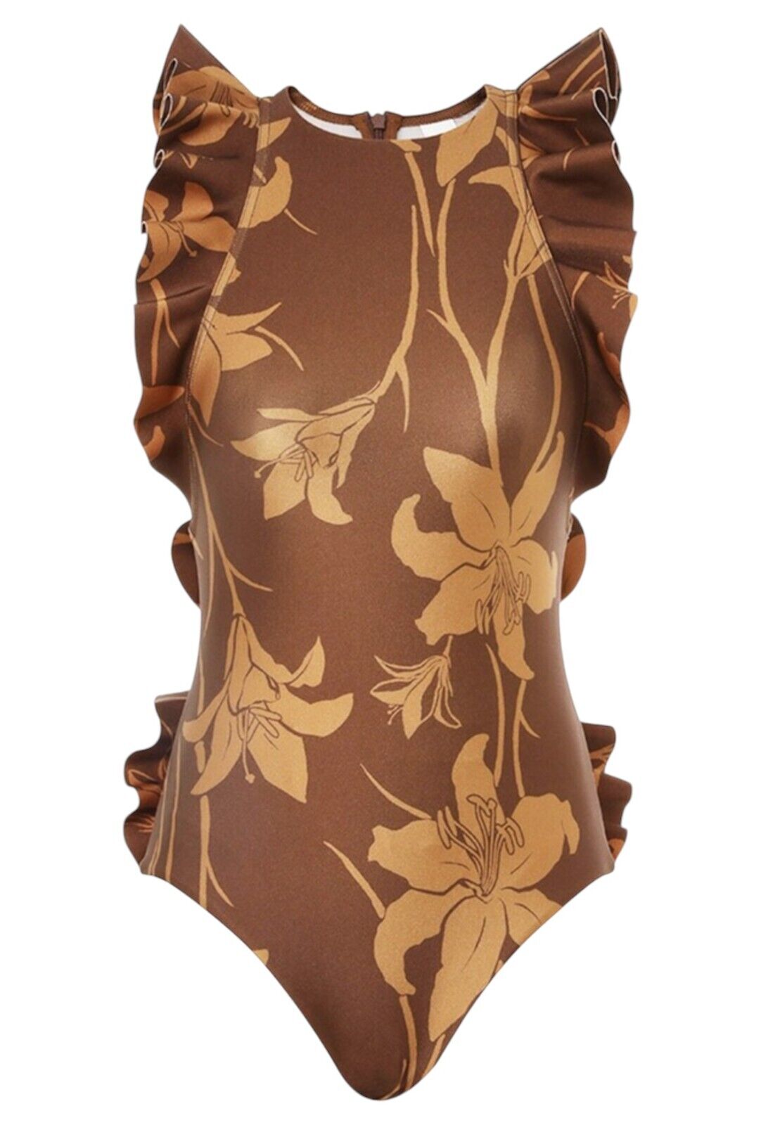 Zimmermann Acadian Racerback Frill One Piece | Brown/Mustard Floral, Zip Close