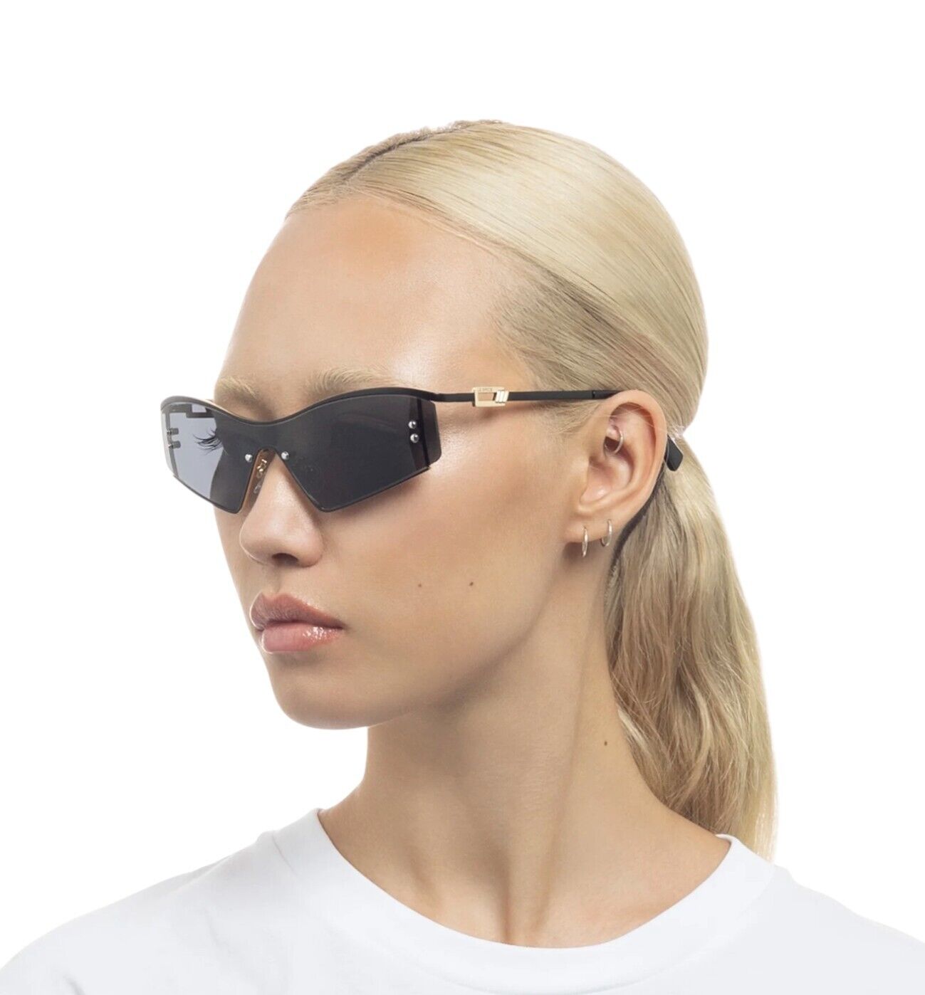 Le Specs Hyperbole Sunglasses | Shield / Wrap, Black/Gold, Rimless, Ltd Edition