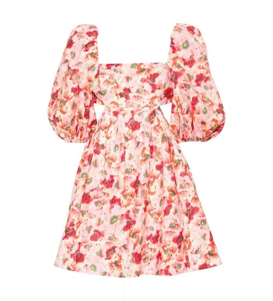 Zimmermann Lightburst Cutout Mini Dress | Pink Foral, Puff Sleeves, Linen