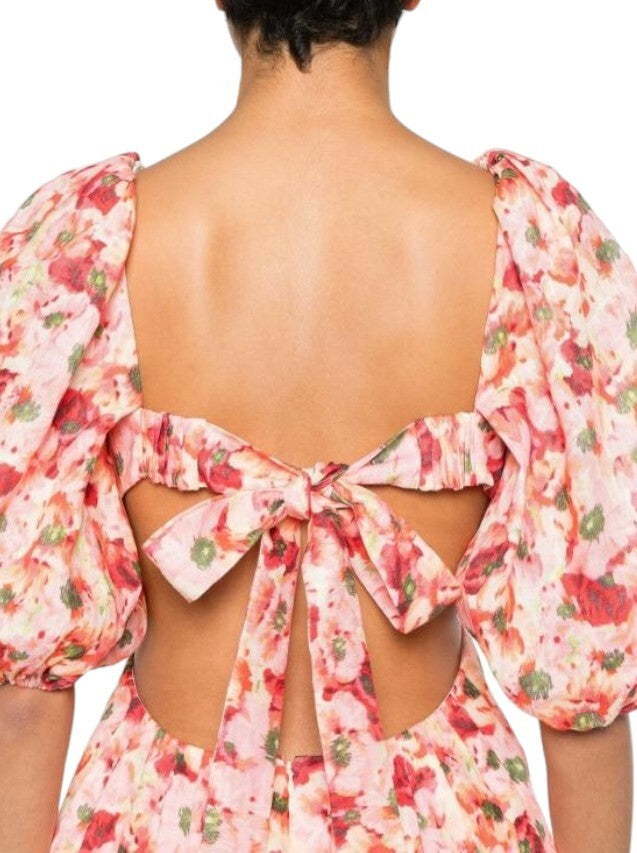 Zimmermann Lightburst Cutout Mini Dress | Pink Foral, Puff Sleeves, Linen