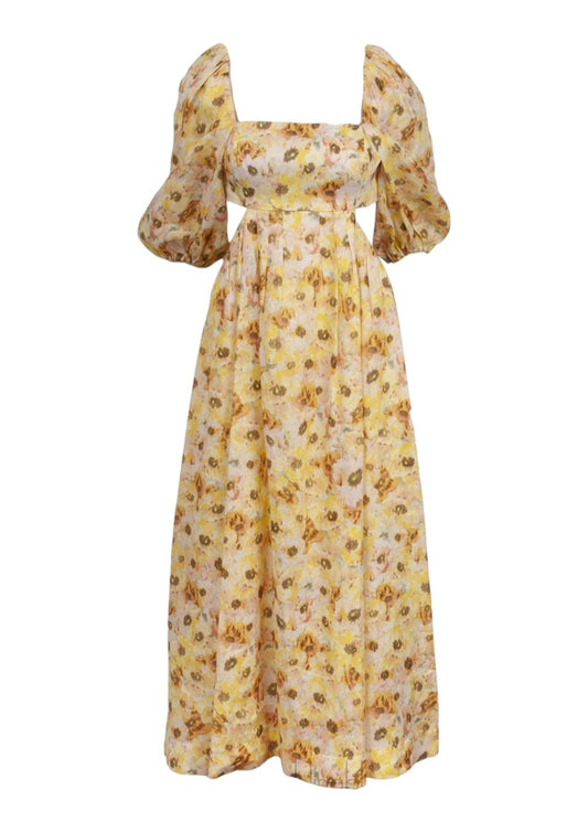 Zimmermann Lightburst Cutout Midi Dress | Yellow Foral, Puff Sleeves, Linen