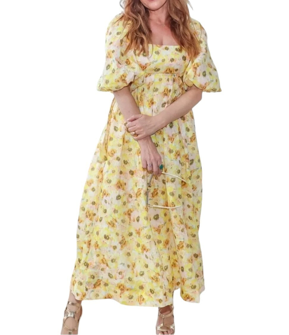 lightburst puff midi dress Chablis Gathered Bust Puff Sleeve Midi Dress White