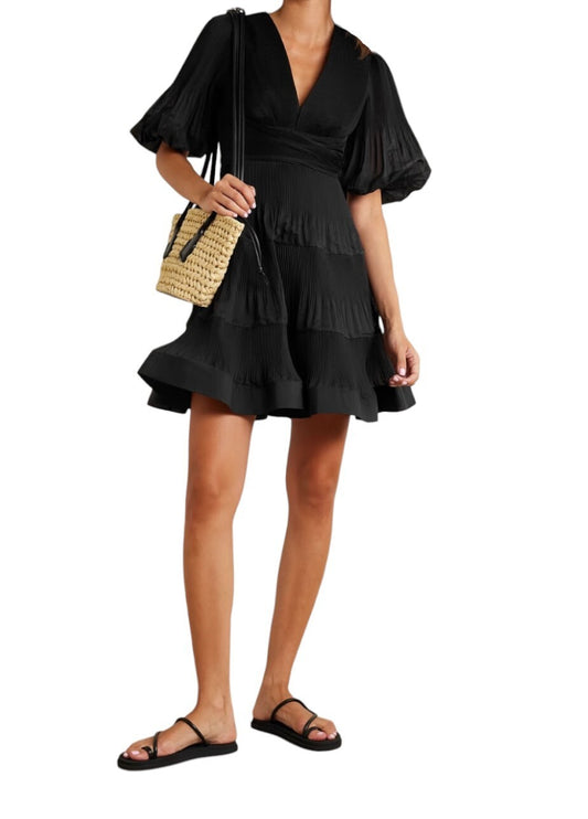 Zimmermann Pleated Mini Dress |Black, LBD, Crinolene Hem, Puff Sleeves,  V-Neck