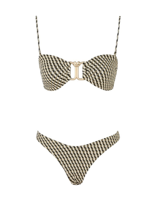 Zimmermann Lexi Knot Trim Bikini | Black/White/Gold, Low Rise, Jacquard Print