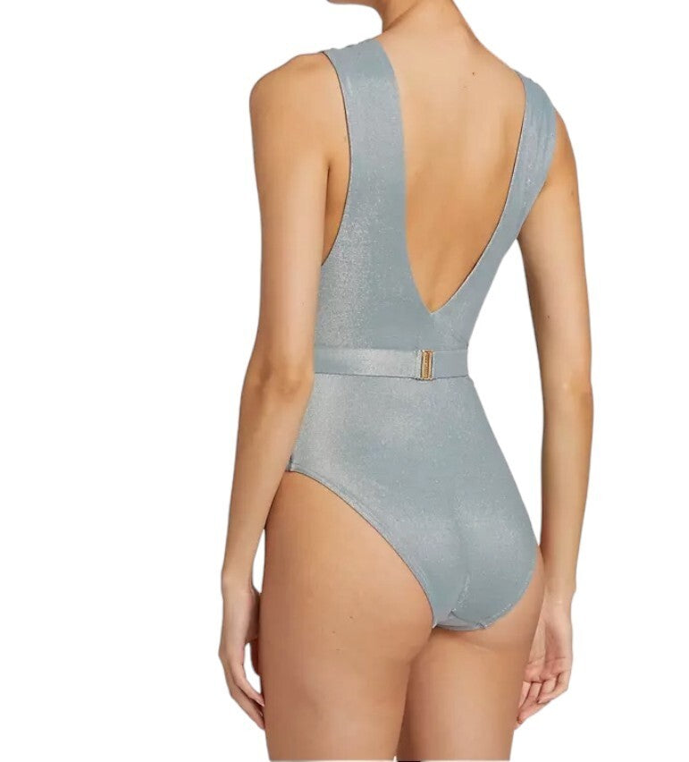 Zimmermann Waverly Lurex Plunge One Piece | Baby Blue, Low V Neck, Shine Lycra