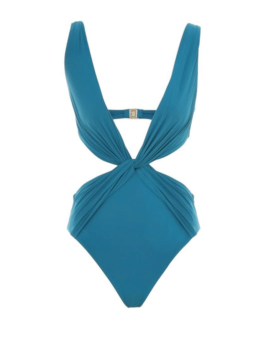 Zimmermann Acadian Twist Front Plunge One Piece | Blue, Low V Neck, Cut Outs