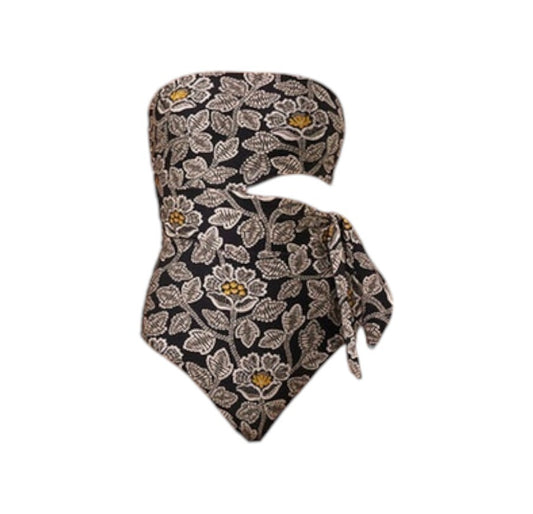 Zimmermann Ottie Scarf Tie One Piece | Black Floral, Cut Out, Bandeau, Straps