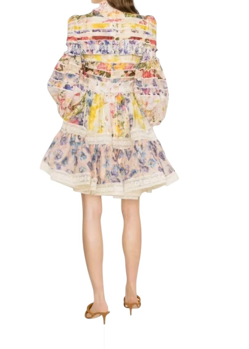 Zimmermann Wonderland Smocked Mini Dress | Linen/Silk, Puff Sleeve, Lace Trim