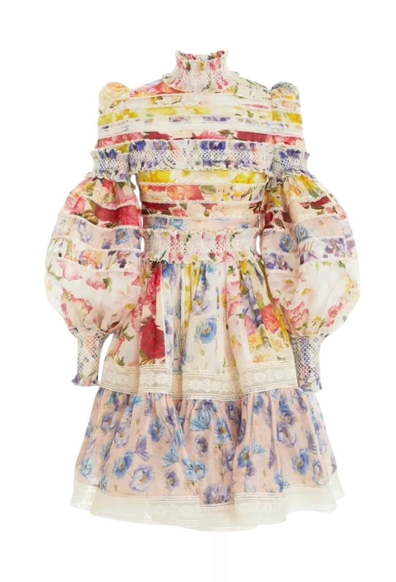 Zimmermann Wonderland Smocked Mini Dress | Linen/Silk, Puff Sleeve, Lace Trim
