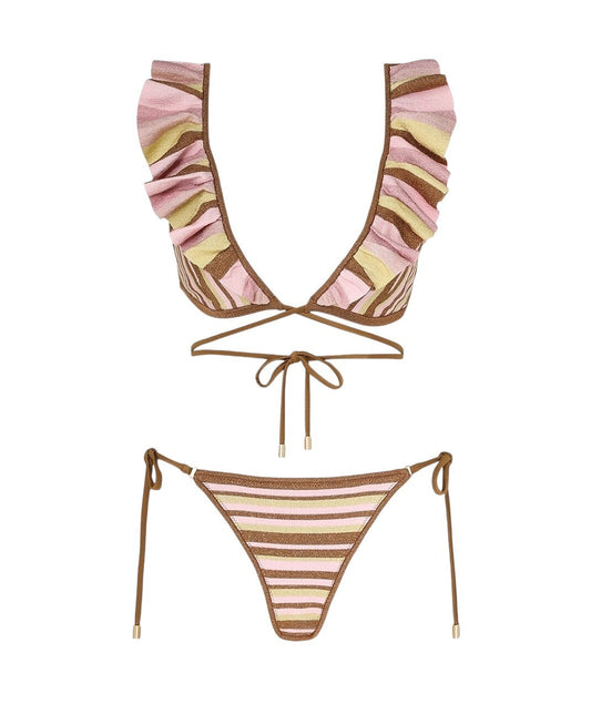 Zimmermann Golden Knit Wrap Bikini | Multi Colour Stripe, Frills, Metallic, Tie
