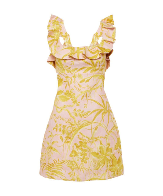 Zimmermann Golden Ruffle Mini Dress |Pink/Gold Floral, Cut Outs, Linen, Backless