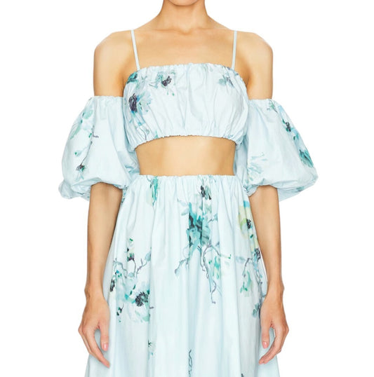 Zimmermann Lightburst Puff Sleeve Top | Aqua Blue Floral, Crop, Off The Shoulder