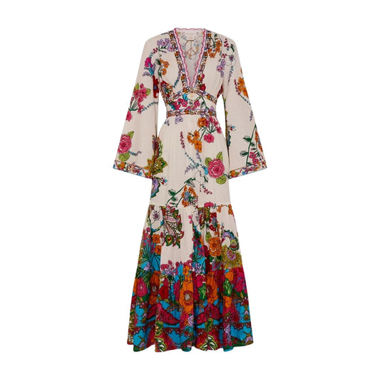 Camilla Dress w/ tiered skirt | Cosmic Prairie Floral, Maxi, White, Hand Made