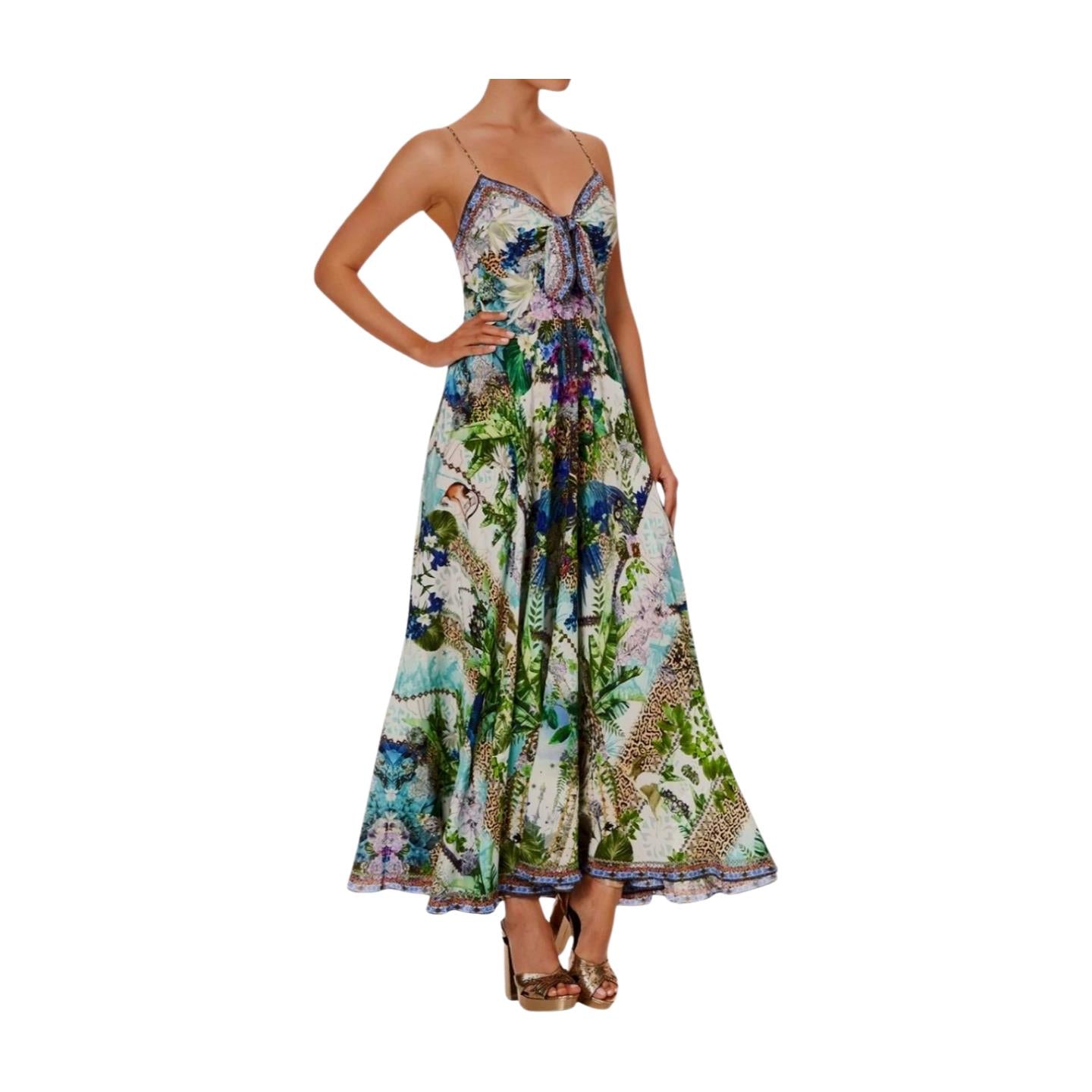 Camilla Long Dress w/ Tie Front | Moon Garden, Floral, Silk, Midi, Spaghetti