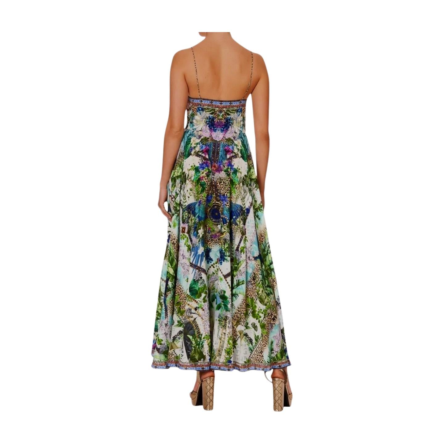 Camilla Long Dress w/ Tie Front | Moon Garden, Floral, Silk, Midi, Spaghetti