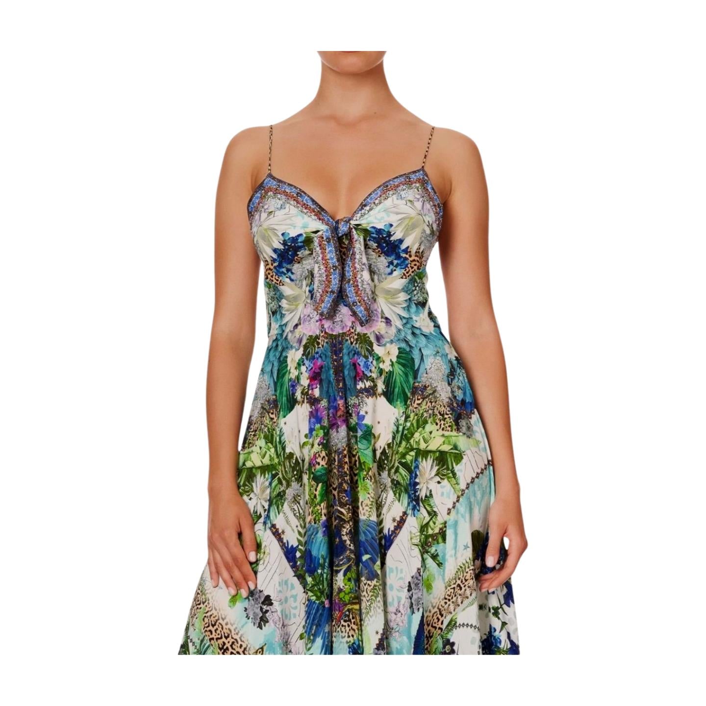 Camilla Long Dress w/ Tie Front | Moon Garden, Floral, Silk, Midi, Spaghetti