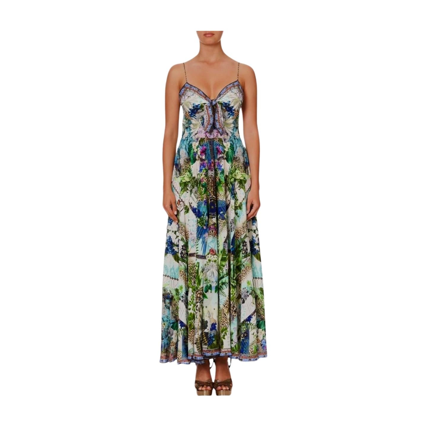 Camilla Long Dress w/ Tie Front | Moon Garden, Floral, Silk, Midi, Spaghetti