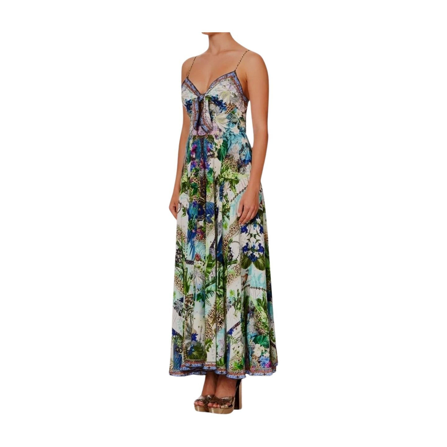 Camilla Long Dress w/ Tie Front | Moon Garden, Floral, Silk, Midi, Spaghetti