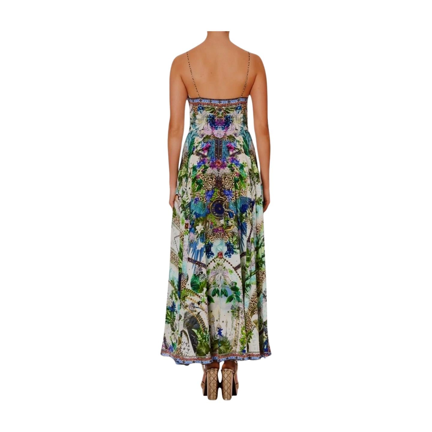 Camilla Long Dress w/ Tie Front | Moon Garden, Floral, Silk, Midi, Spaghetti