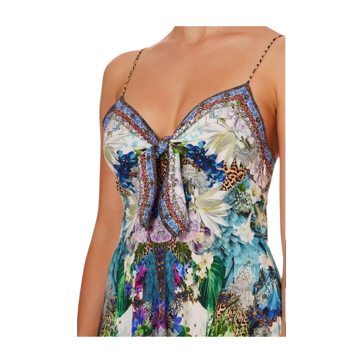 Camilla Long Dress w/ Tie Front | Moon Garden, Floral, Silk, Midi, Spaghetti