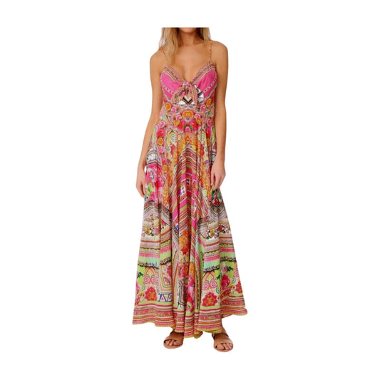 Camilla Long Dress w/ Tie Front |Hani Honey, Floral, Silk, Midi, Spaghetti, Pink