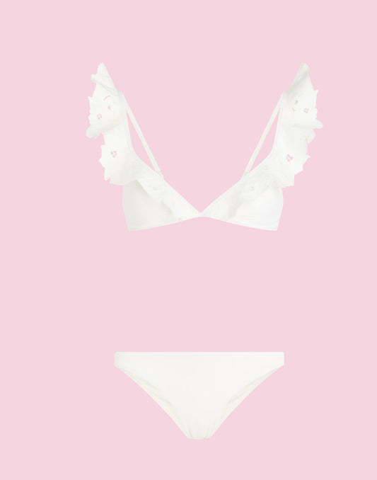Zimmermann Golden Embroidery Frill Bikini | White, Shoulder Frills, Low Rise