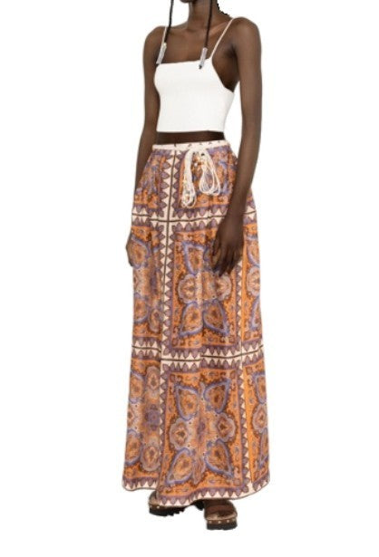 Zimmermann Halycon Maxi Skirt | Boho, Orange/Blue Paisley, Woven Belt, Embellish