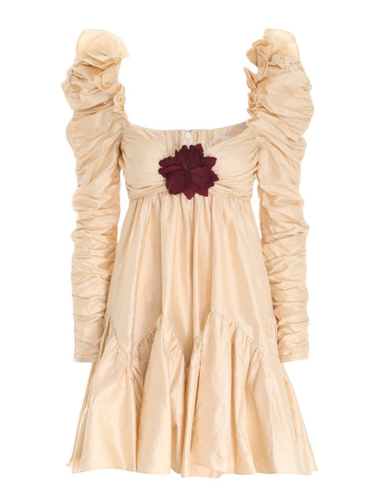 Zimmermann Kaleidoscope Ruched Mini Dress | Beige, Flower Brooch, Silk, Babydoll