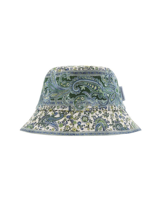Zimmermann Printed Bucket Hat |Blue/Green Paisley Print, Linen, Eyelets, Bandana