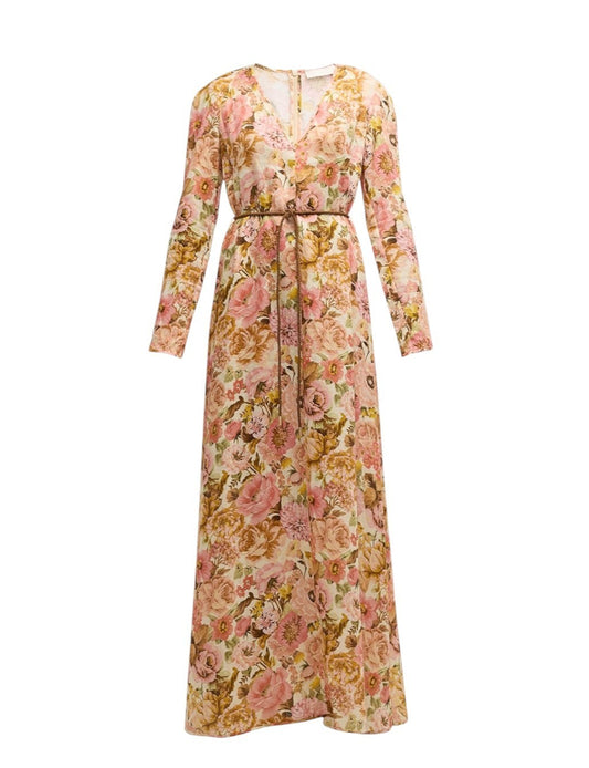Zimmermann Golden Plunge Maxi Dress | Pink Rose Floral, Belt, Linen, Long Sleeve