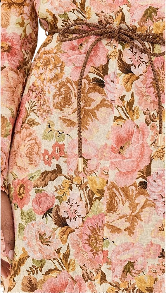 Zimmermann Golden Plunge Maxi Dress | Pink Rose Floral, Belt, Linen, Long Sleeve