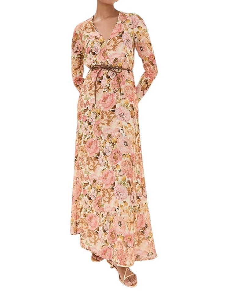 Zimmermann Golden Plunge Maxi Dress | Pink Rose Floral, Belt, Linen, Long Sleeve